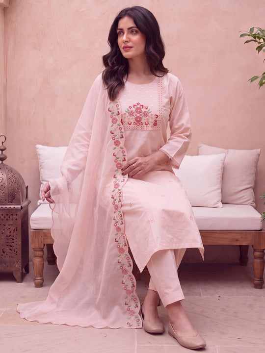 Indo Era Pink Embroidered Straight Kurta Trousers With Dupatta Set