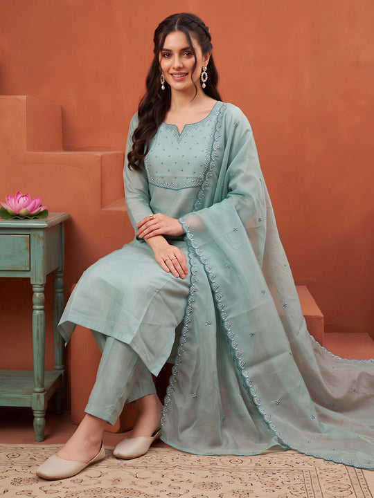Indo Era Sea Green Embroidered Straight Kurta Trousers With Dupatta Set