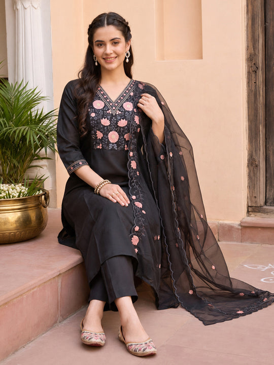 Indo Era Black Embroidered Straight Kurta Trousers With Dupatta Set