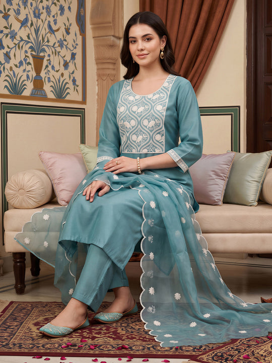 Indo Era Blue Embroidered Straight Kurta Trousers With Dupatta Set