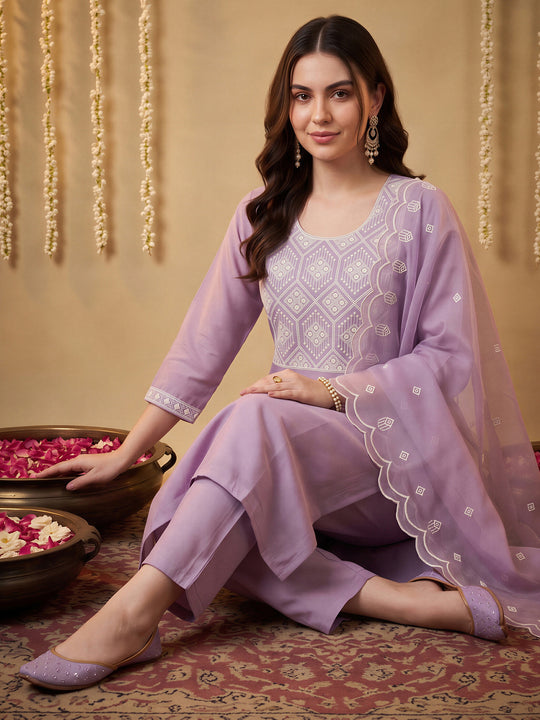 Indo Era Lavender Embroidered Straight Kurta Trousers With Dupatta Set