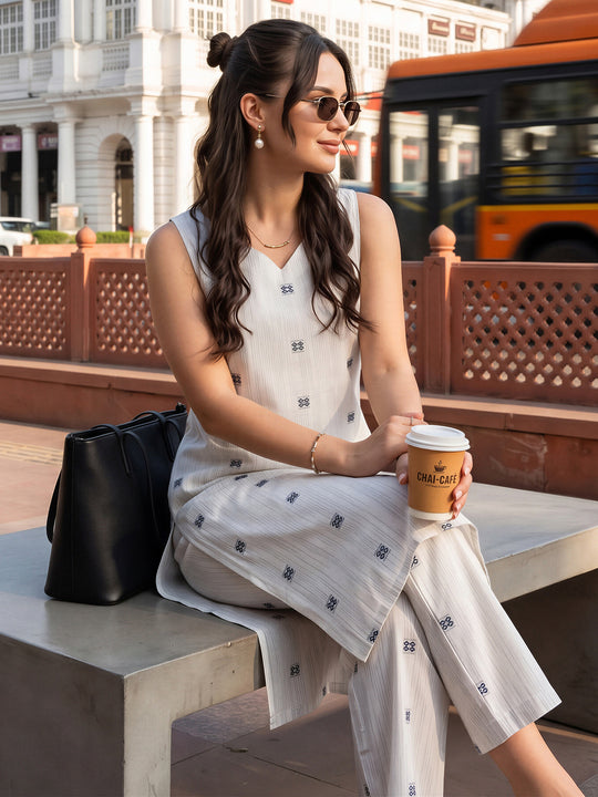 Indo Era White Woven Design Straight Kurta Trousers Set