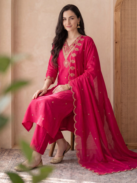 Indo Era Pink Embroidered Straight Kurta Trousers With Dupatta Set