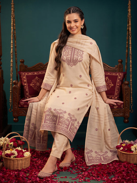 Indo Era Beige Woven Design Straight Kurta Trousers With Dupatta Set
