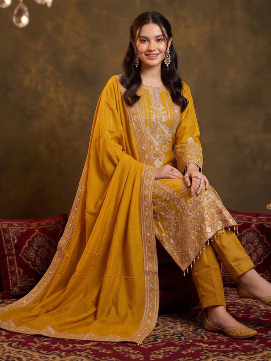 Indo Era Yellow Embroidered Straight Kurta Trousers With Dupatta Set