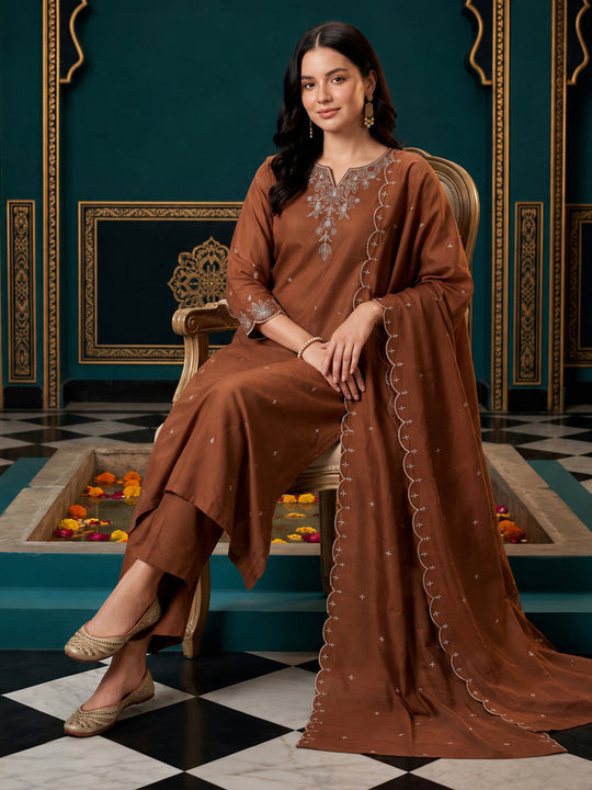 Indo Era Brown Embroidered Straight Kurta Trousers With Dupatta Set