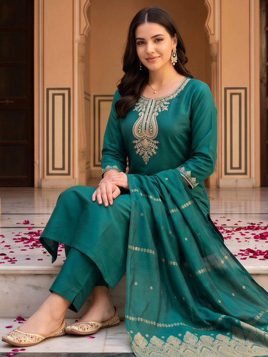 Indo Era Green Embroidered Straight Kurta Trousers With Dupatta Set