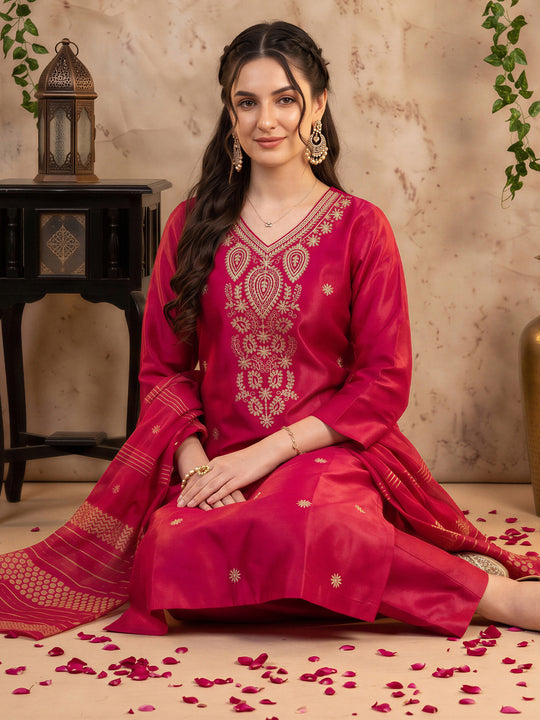 Indo Era Pink Embroidered Straight Kurta Trousers With Dupatta Set