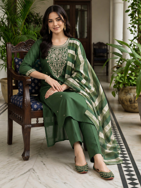 Indo Era  Embroidered Straight Kurta Trousers With Dupatta Set