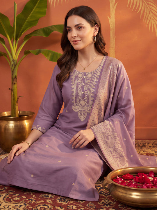 Indo Era Lavender Embroidered Straight Kurta Trousers With Dupatta Set