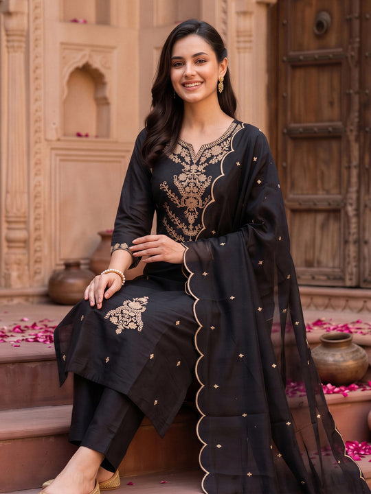 Indo Era  Embroidered Straight Kurta Trousers With Dupatta Set