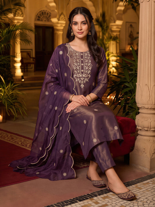 Indo Era  Embroidered Straight Kurta Trousers With Dupatta Set
