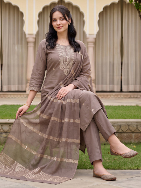 Indo Era Brown Embroidered Straight Kurta Trousers With Dupatta Set