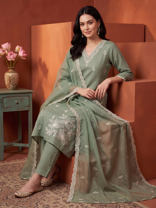 Indo Era Green Embroidered Straight Kurta Trousers With Dupatta Set