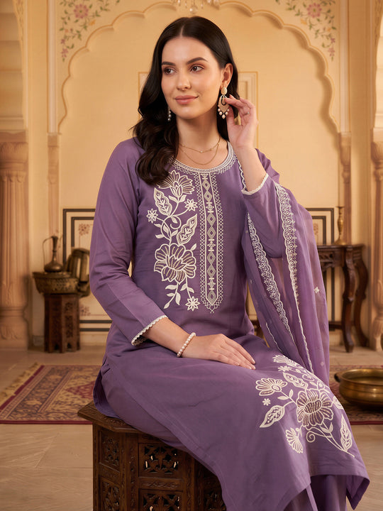 Indo Era Purple Embroidered Straight Kurta Trousers With Dupatta Set