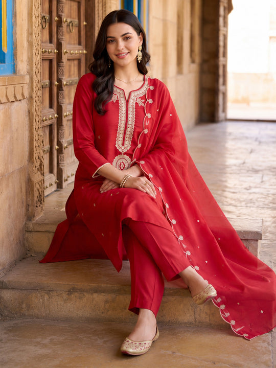 Indo Era Red Embroidered Straight Kurta Trousers With Dupatta Set