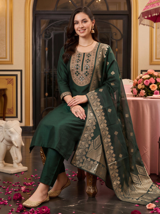 Indo Era Green Embroidered Straight Kurta Trousers With Dupatta Set