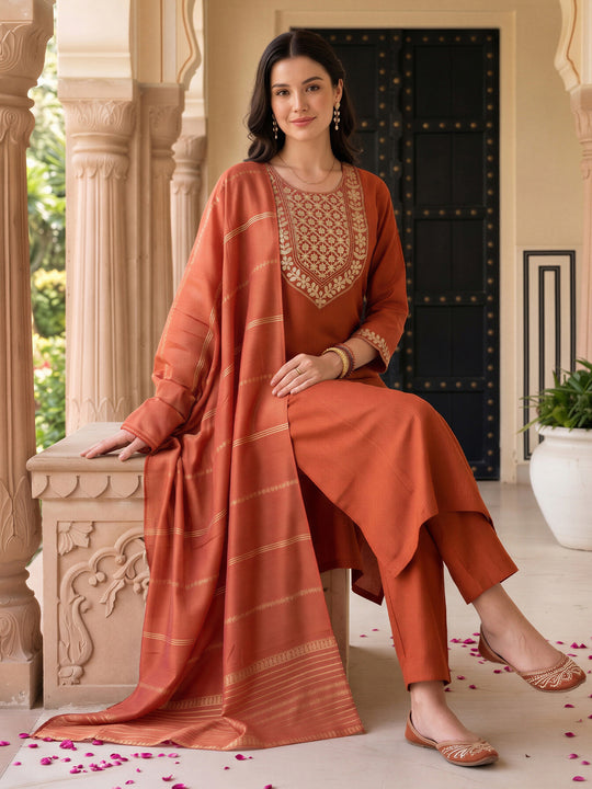 Indo Era Rust Embroidered Straight Kurta Trousers With Dupatta Set
