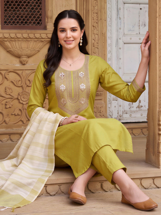 Indo Era Olive Embroidered Straight Kurta Trousers With Dupatta Set