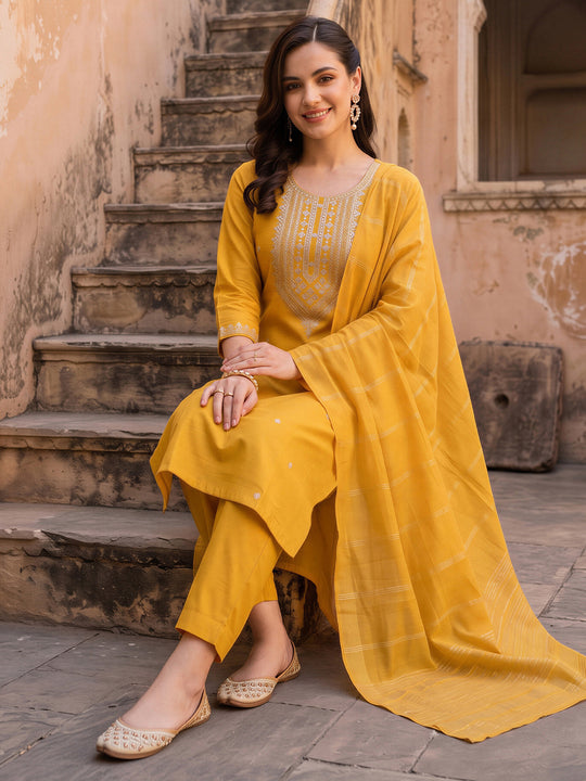 Indo Era Yellow Embroidered Straight Kurta Trousers With Dupatta Set