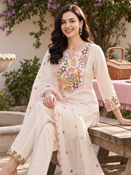 Indo Era Off White Embroidered Straight Kurta Trousers With Dupatta Set