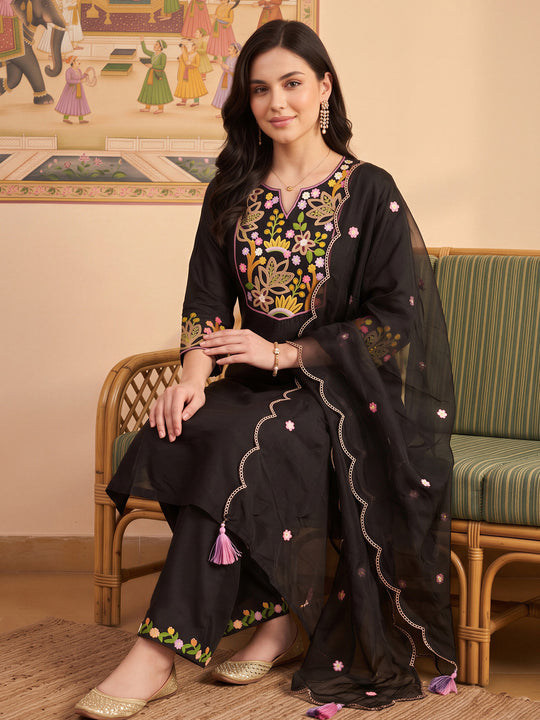 Indo Era Black Embroidered Straight Kurta Trousers With Dupatta Set