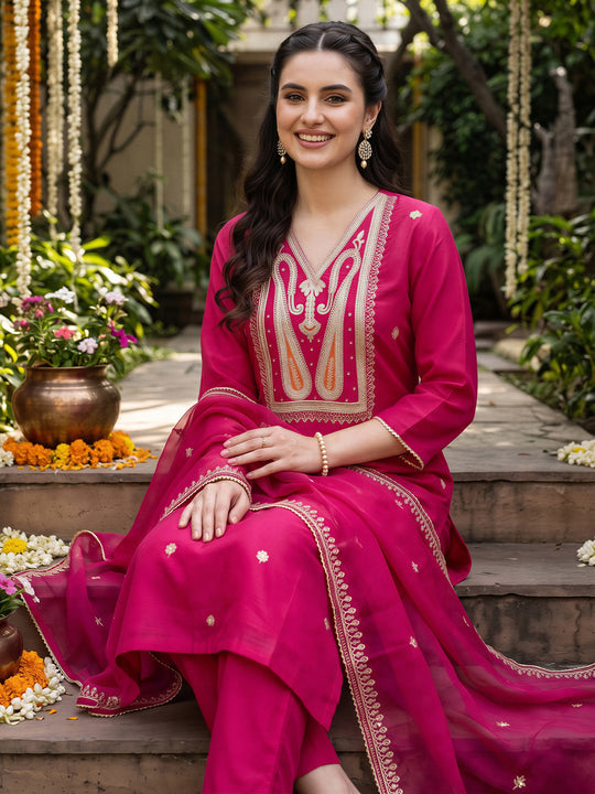 Indo Era Pink Embroidered Straight Kurta Trousers With Dupatta Set