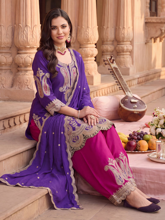 Indo Era Purple Embroidered Straight Kurta Salwar With Dupatta Set