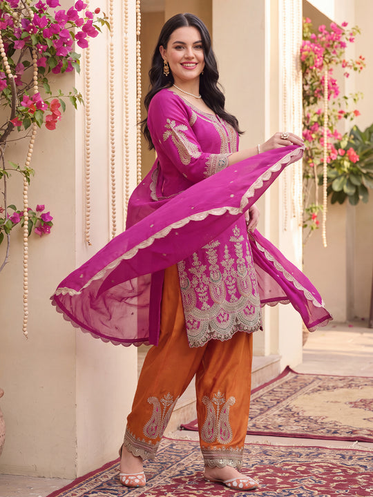 Indo Era Pink Embroidered Straight Kurta Salwar With Dupatta Set