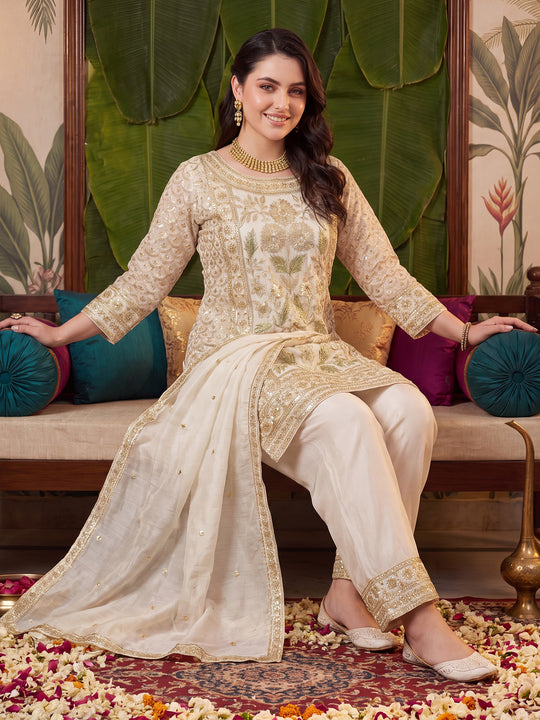 Indo Era White Embroidered Straight Kurta Trousers With Dupatta Set