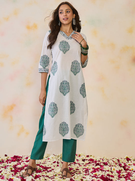 Indo Era White Printed Straight Kurtas