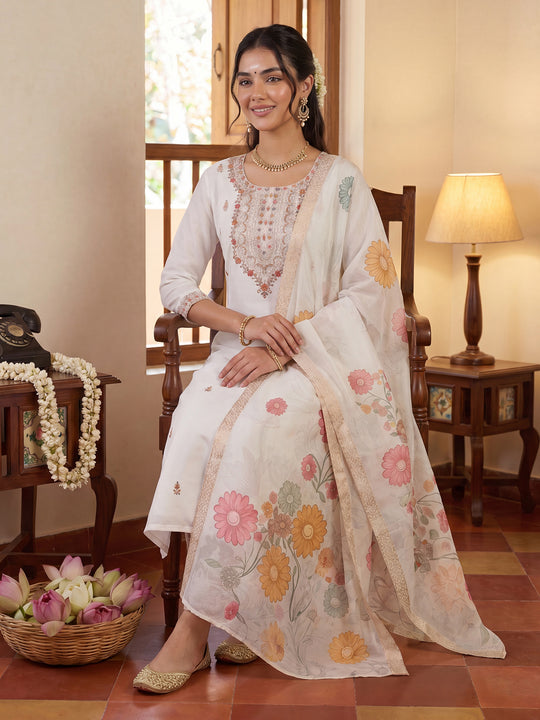 White Embroidered Straight Kurta Set With Dupatta