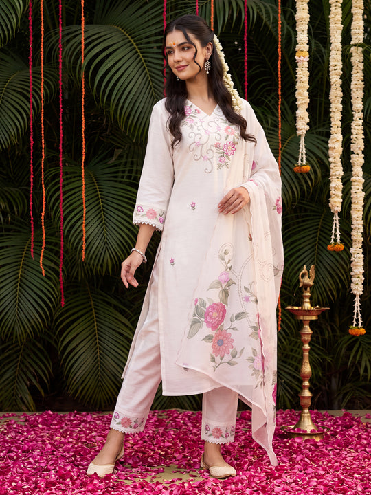 Indo Era Off White Embroidered Straight Kurta Trousers With Dupatta Set