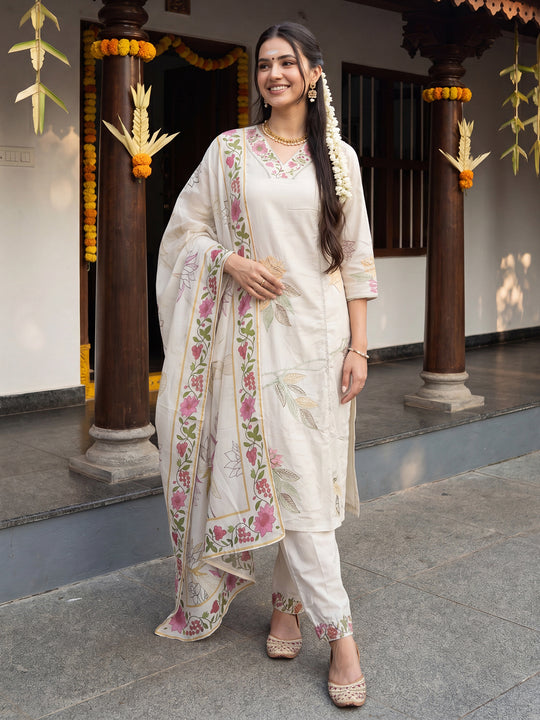 Indo era Off White Embroidered Straight Kurta Trousers With Dupatta Set