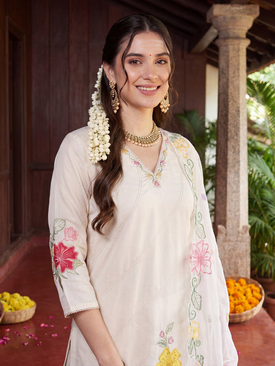 Indo Era Off White Embroidered Straight Kurta Trousers With Dupatta Set