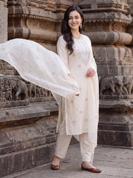 Off White Embroidered Pure Cotton Straight Kurta Sets With Dupatta