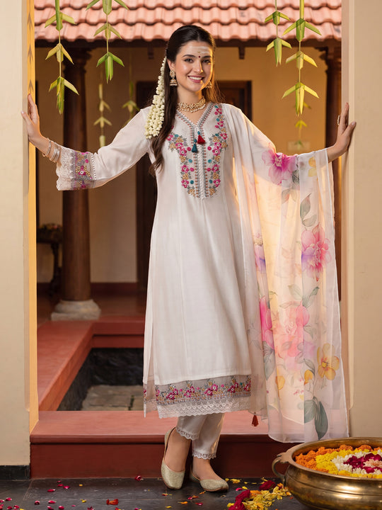 White Embroidered Cotton Blend A-Line Kurta Sets With Dupatta