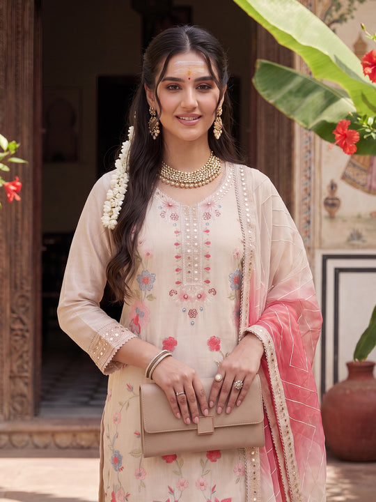 Cream Embroidered Silk Blend Straight Kurta Set With Dupatta