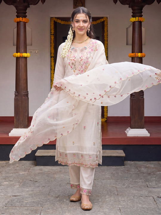 Women White Embroidered Silk Blend Straight Kurta Trouser With Dupatta