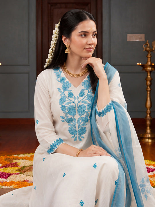 White Embroidered Viscose Rayon A-Line Suit Sets With Dupatta