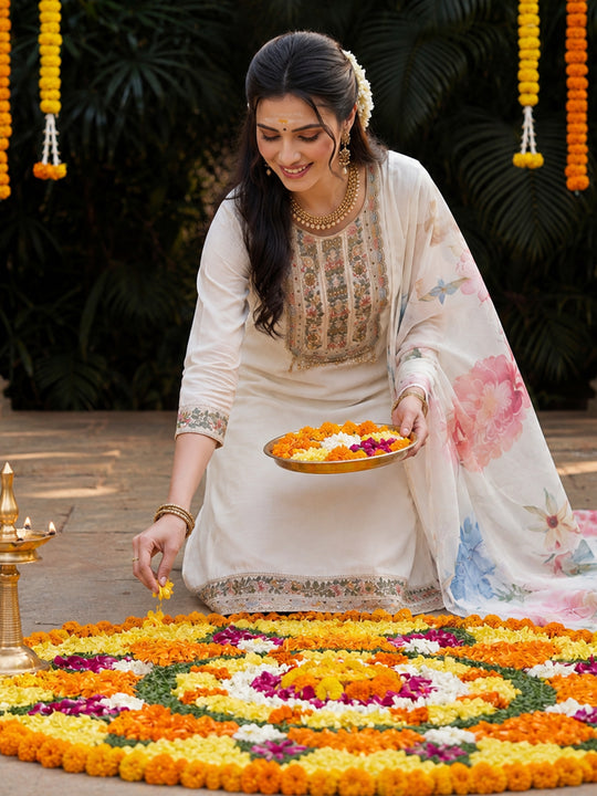 Off White Embroidered Cotton Blend Straight Kurta Sets With Dupatta