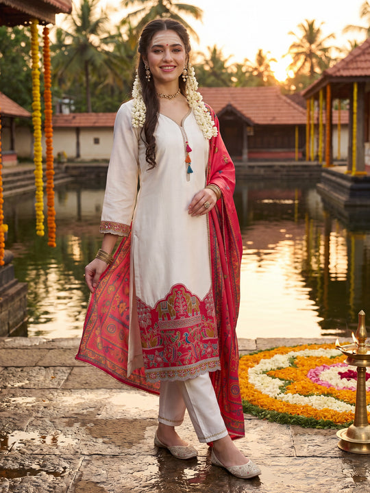 White Embroidered Silk Blend Straight Suit Sets With Dupatta