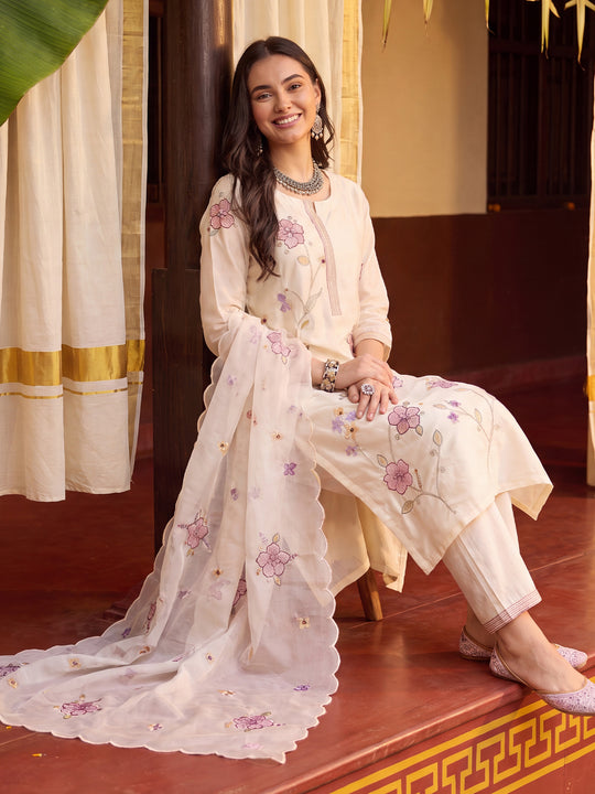 Indo Era Off White Embroidered Straight Kurta Trousers With Dupatta Set