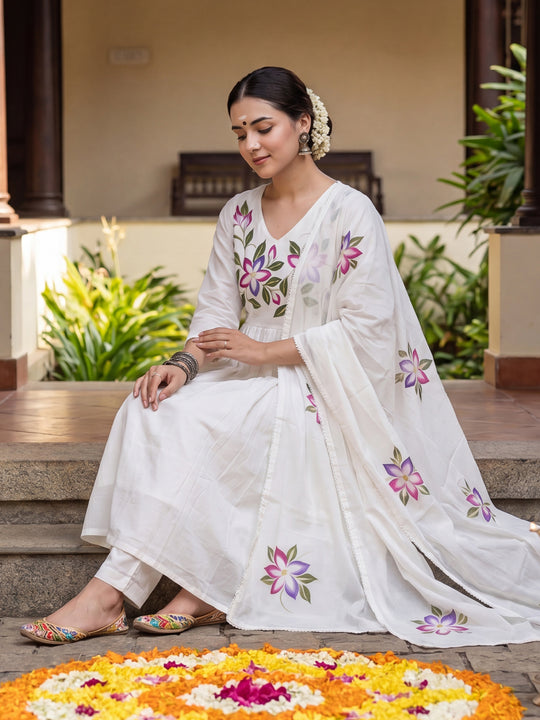 Indo Era Off White Printed Anarkali Kurta Trousers With Dupatta Set