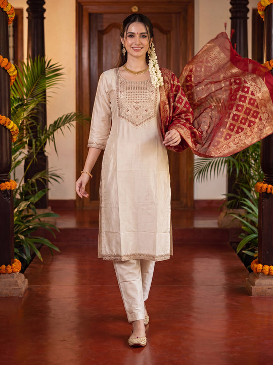Indo Era Off White Embroidered Straight Kurta Trousers With Dupatta Set