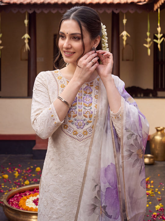 Indo Era Off White Embroidered Straight Kurta Trousers With Dupatta Set