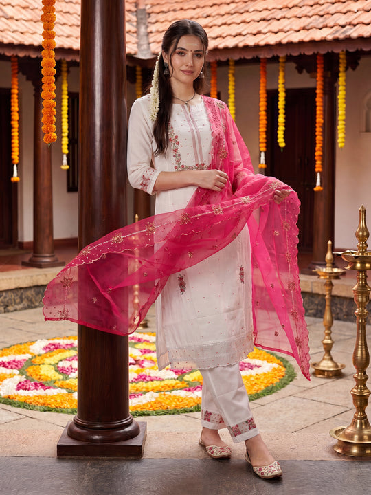 Indo Era White Embroidered Straight Kurta Trousers With Dupatta Set