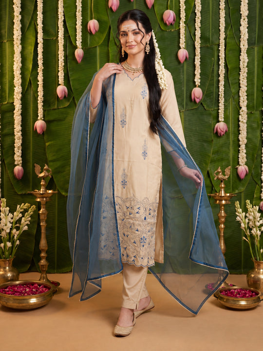 Indo Era Cream Embroidered Straight Kurta Trousers With Dupatta Set