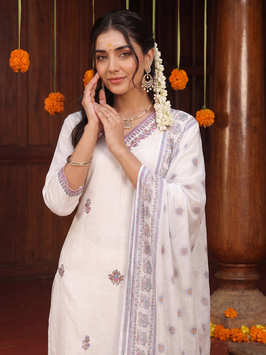 Indo Era White Embroidered Straight Kurta Trousers With Dupatta Set