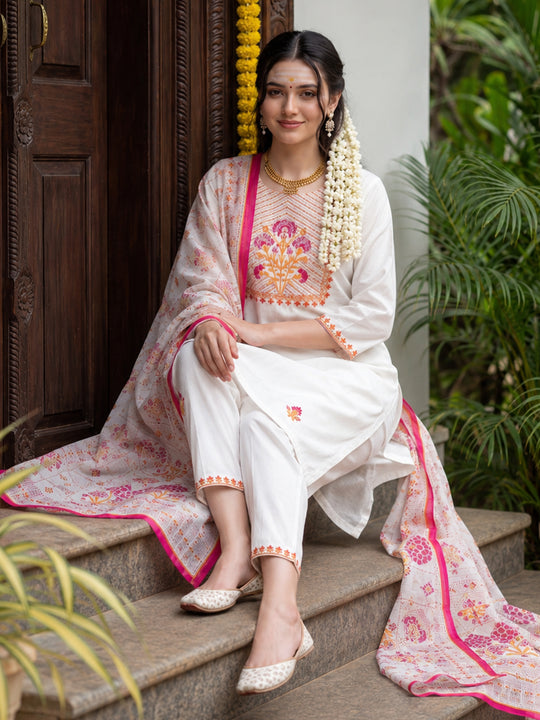 Indo Era White Embroidered Straight Kurta Trousers With Dupatta Set